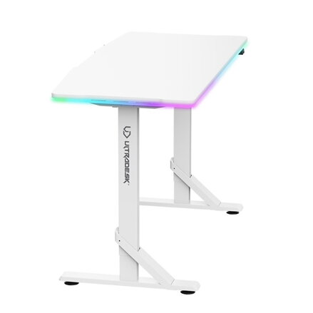 ULTRADESK Herní stůl IRON WHITE, 132,5x60,5 cm, 71-81  cm, mechanicky nastavitelná výška,RGB podsvícení