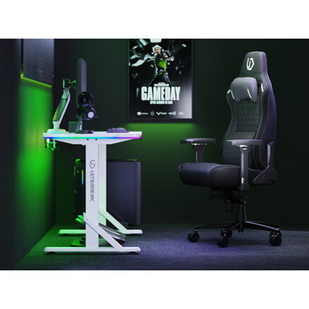 ULTRADESK Herní stůl IRON WHITE, 132,5x60,5 cm, 71-81  cm, mechanicky nastavitelná výška,RGB podsvícení