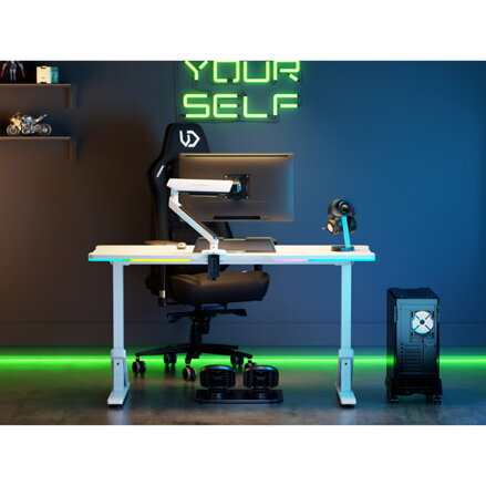 ULTRADESK Herní stůl IRON WHITE, 132,5x60,5 cm, 71-81  cm, mechanicky nastavitelná výška,RGB podsvícení