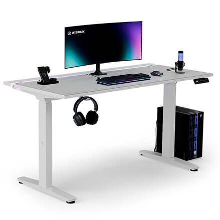 ULTRADESK Herní stůl VORTEX, 140,5x70cm, 72-122cm, bílý