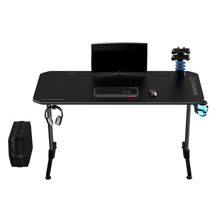 ULTRADESK Herní stůl FRAG - BLACK, 140x66 cm, 76 cm, s XXL podložkou pod myš, s ultradesk BEAM, držák sluchátek i nápojů