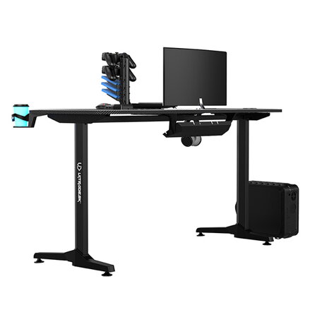 ULTRADESK Herní stůl FRAG - BLACK, 140x66 cm, 76 cm, s XXL podložkou pod myš, s ultradesk BEAM, držák sluchátek i nápojů