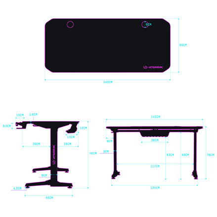 ULTRADESK Herní stůl FRAG - BLACK, 140x66 cm, 76 cm, s XXL podložkou pod myš, s ultradesk BEAM, držák sluchátek i nápojů