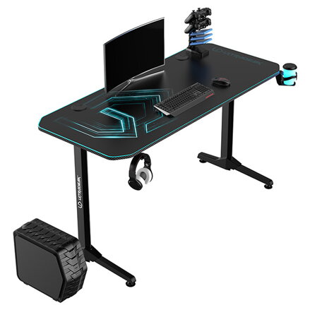 ULTRADESK Herní stůl FRAG - BLUE, 140x66 cm, 76 cm, s XXL podložkou pod myš, s ultradesk BEAM, držák sluchátek i nápojů