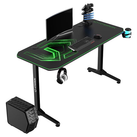 ULTRADESK Herní stůl FRAG - GREEN, 140x66 cm, 76 cm, s XXL podložkou pod myš, s ultradesk BEAM, držák sluchátek i nápojů