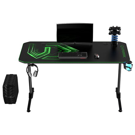 ULTRADESK Herní stůl FRAG - GREEN, 140x66 cm, 76 cm, s XXL podložkou pod myš, s ultradesk BEAM, držák sluchátek i nápojů