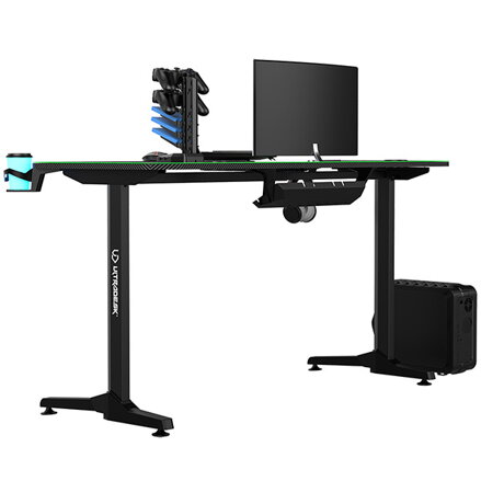 ULTRADESK Herní stůl FRAG - GREEN, 140x66 cm, 76 cm, s XXL podložkou pod myš, s ultradesk BEAM, držák sluchátek i nápojů