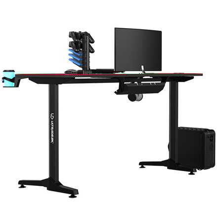 ULTRADESK Herní stůl FRAG - RED, 140x66 cm, 76 cm, s XXL podložkou pod myš, s ultradesk BEAM, držák sluchátek i nápojů