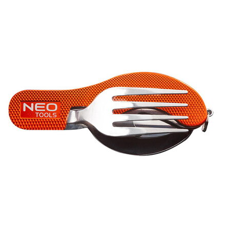 Neo Tools Kempingový kapesní nůž, hliník, 100mm, 3v1, nůž, vidlička, lžička