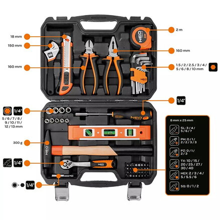 Sada nářadí, 10-200, 60 ks, velikost 1/4, kufřík,, NEO TOOLS