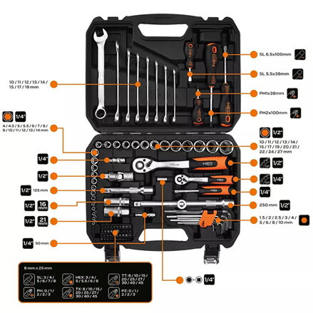 Sada nástrčných klíčů, 10-206, 100 ks, velikost 1/4 a 1/2, kufřík,, NEO TOOLS