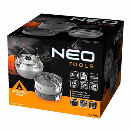 Sada nádobí 3v1 šedá, 3ks, hliník, hrnec, pánev, rychlovarná konvice, Neo Tools
