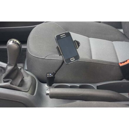 Držák mobilu,PDA,GPS LOGO kloubový, do auta, nastavitelná šířka, černý, plast, s USB adaptérem 1.5 A, černá, mobil