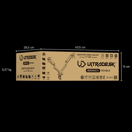 Polohovatelný držák ULTRADESK BRANCH Double pro 2 monitory, 20KG, svorka a průchodka stolu, 17"-32", 75x75/100x100, černý