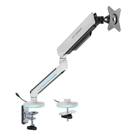 Polohovatelný držák ULTRADESK OFFSHOOT Single pro monitor, 9KG, svorka a průchodka stolu, 17"-32", 75x75/100x100, bílý