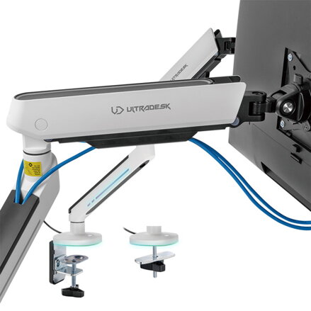 Polohovatelný držák ULTRADESK OFFSHOOT Single pro monitor, 9KG, svorka a průchodka stolu, 17"-32", 75x75/100x100, bílý