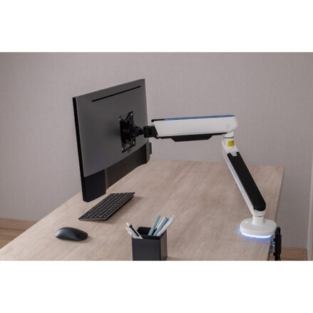 Polohovatelný držák ULTRADESK OFFSHOOT Single pro monitor, 9KG, svorka a průchodka stolu, 17"-32", 75x75/100x100, bílý
