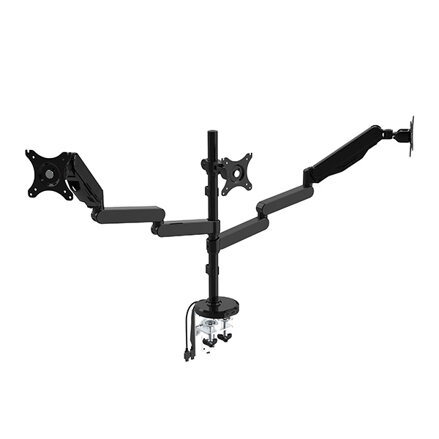 Polohovatelný držák pro 3 monitory, 2-9KG, svorka a průchodka stolu, 17"-30", USB HUB, 75x75/100x100, šedý