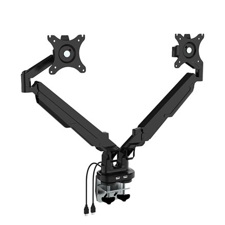 Polohovatelný držák pro 2 monitory, 2-9KG, svorka a průchodka stolu, 17"-32", USB HUB, 75x75/100x100, černý