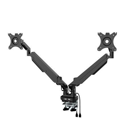 Polohovatelný držák pro 2 monitory, 2-9KG, svorka a průchodka stolu, 17"-32", USB HUB, 75x75/100x100, černý