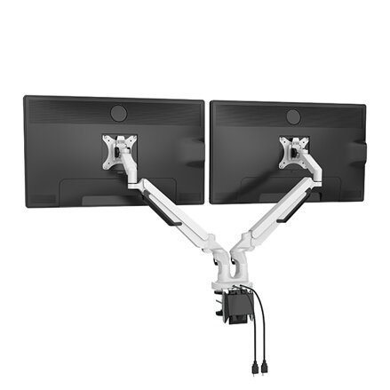 Polohovatelný držák pro 2 monitory, 2-9KG, svorka a průchodka stolu, 17"-32", USB HUB, 75x75/100x100, černý