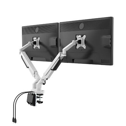 Polohovatelný držák pro 2 monitory, 2-9KG, svorka a průchodka stolu, 17"-32", USB HUB, 75x75/100x100, černý