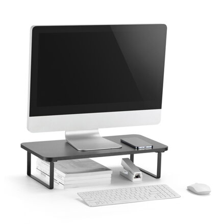 Podstavec pod monitor, prostor pro klávesnici, rychlá montáž, černý, ocel, dřevotříska, 20 kg nosnost, Powerton, ergo