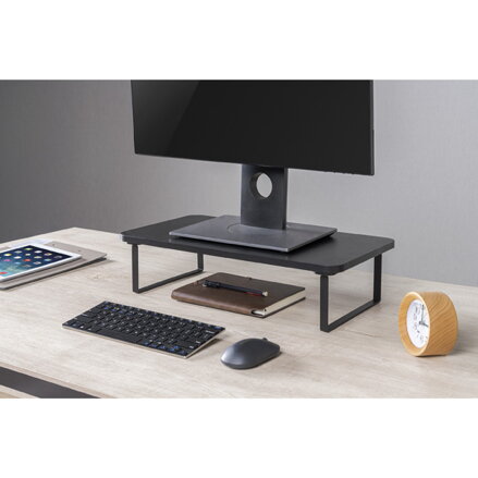 Podstavec pod monitor, prostor pro klávesnici, rychlá montáž, černý, ocel, dřevotříska, 20 kg nosnost, Powerton, ergo