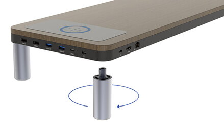 Podstavec pod monitor, dockovací stanice a bezdrátová nabíječka, prostor pro klávesnici, šedý + tmavý dřevodekor, ocel-plast, 20 k