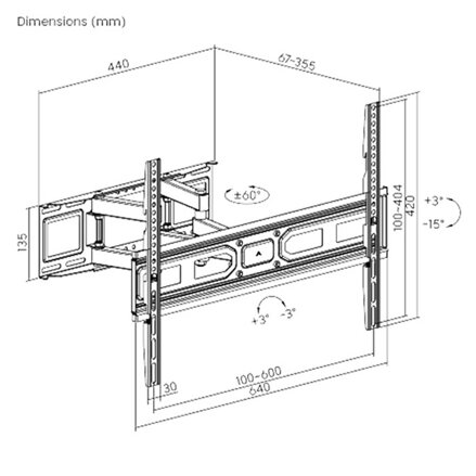 Polohovatelný držák TV LPA78-466, 37"- 80", 40 kg max, 100x100 - 600x400mm VESA, 67-355mm, černý