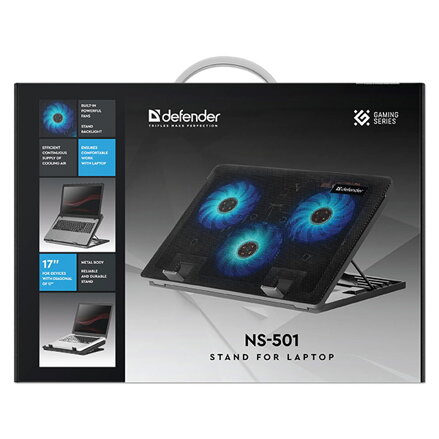 Stojan pod notebook, NS-501, barevně podsvícený, s větrákem, černo-modrý, DEFENDER, s 2-portovým hubem