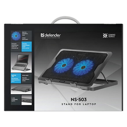 Stojan pod notebook, NS-503, barevně podsvícený, s větrákem, černo-modrý, DEFENDER, s 2-portovým hubem