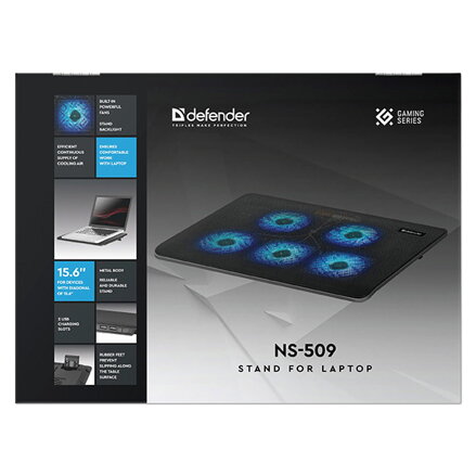 Stojan pod notebook, NS-509, barevně podsvícený, s větrákem, černo-modrý, DEFENDER, s 2-portovým hubem