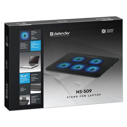 Stojan pod notebook, NS-509, barevně podsvícený, s větrákem, černo-modrý, DEFENDER, s 2-portovým hubem