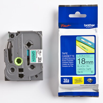 Brother originální páska do tiskárny štítků, Brother, TZE-741, černý tisk/zelený podklad, laminovaná, 8m, 18mm