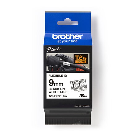 Brother originální páska do tiskárny štítků, Brother, TZE-FX221, černý tisk/bílý podklad, laminovaná, 8m, 9mm, flexibilní