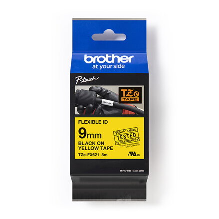 Brother originální páska do tiskárny štítků, Brother, TZEFX621, černý tisk/žlutý podklad, laminovaná, 8m, 9mm, flexibilní