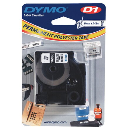 Dymo originální páska do tiskárny štítků, Dymo, 16960, S0718070, černý tisk/bílý podklad, 5.5m, 19mm, D1, speciální - permanentní