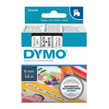 Dymo originální páska do tiskárny štítků, Dymo, 43613, S0720780, černý tisk/bílý podklad, 7m, 6mm, D1