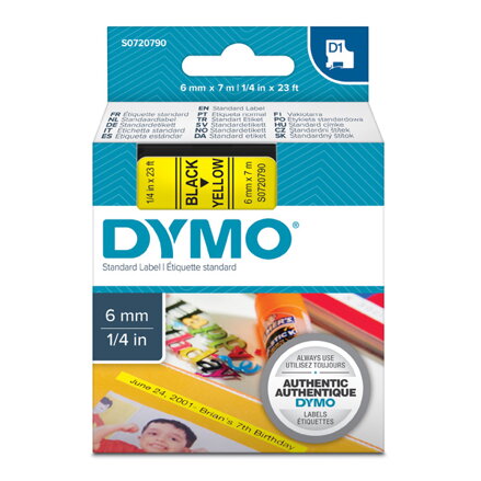 Dymo originální páska do tiskárny štítků, Dymo, 43618, S0720790, černý tisk/žlutý podklad, 7m, 6mm, D1