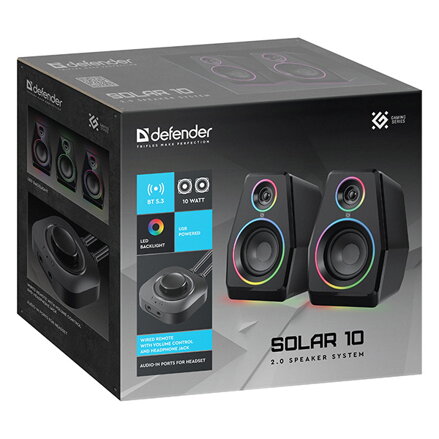 Defender reproduktory Solar 10, 2.0, 10W, černé, Bluetooth 5.3/AUX