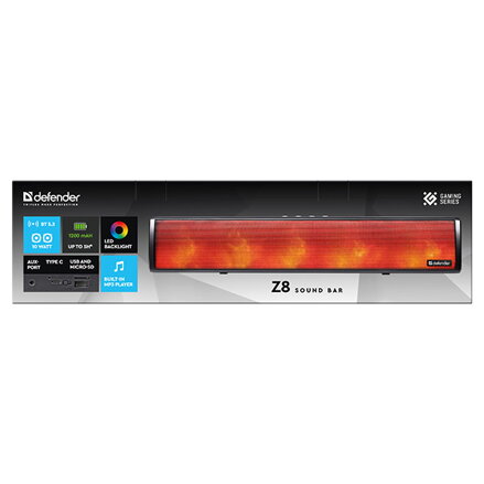 Defender Soundbar Z8, 2.0, 10W, černý, regulace hlasitosti, LED podsvícení, USB/Bluetooth, 90Hz-20kHz