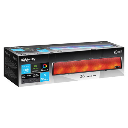 Defender Soundbar Z8, 2.0, 10W, černý, regulace hlasitosti, LED podsvícení, USB/Bluetooth, 90Hz-20kHz
