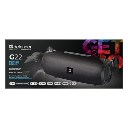 Defender reproduktor G22, Li-Ion, 2.0, 20W, černý, regulace hlasitosti, BT 5.0, TWS, boční pasivní zářiče, 40Hz~20kHz