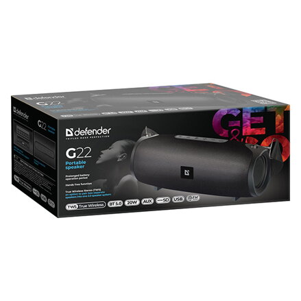 Defender reproduktor G22, Li-Ion, 2.0, 20W, černý, regulace hlasitosti, BT 5.0, TWS, boční pasivní zářiče, 40Hz~20kHz