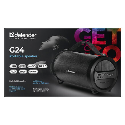 Defender reproduktor G24, Li-Ion, 1.0, 10W, černý, regulace hlasitosti, BT 5.0, integrovaná baterie, 70Hz~20kHz
