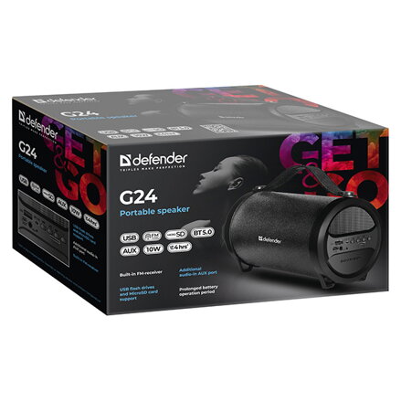 Defender reproduktor G24, Li-Ion, 1.0, 10W, černý, regulace hlasitosti, BT 5.0, integrovaná baterie, 70Hz~20kHz