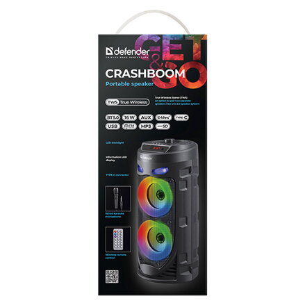 Defender reproduktor CRASHBOOM, Li-Ion, 2.0, 16W, černý, s mikrofonem