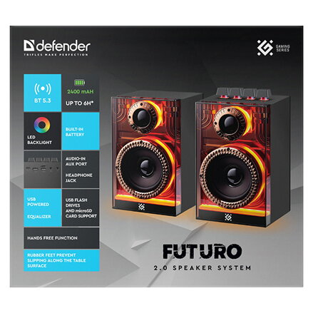 Defender reproduktory FUTURO, 2.0, 20W, černé, AUX/Bluetooth, podsvícené