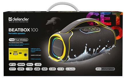 Defender reproduktor BEATBOX 100, 100W, černý, TWS,IPX5,AUX/Bluetooth
